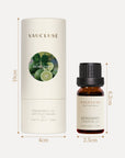 A technical dimensions blueprint detailing the height and width measurements in centimeters for the 10ml Vaucluse oil bottle and its matching circular cardboard packaging.