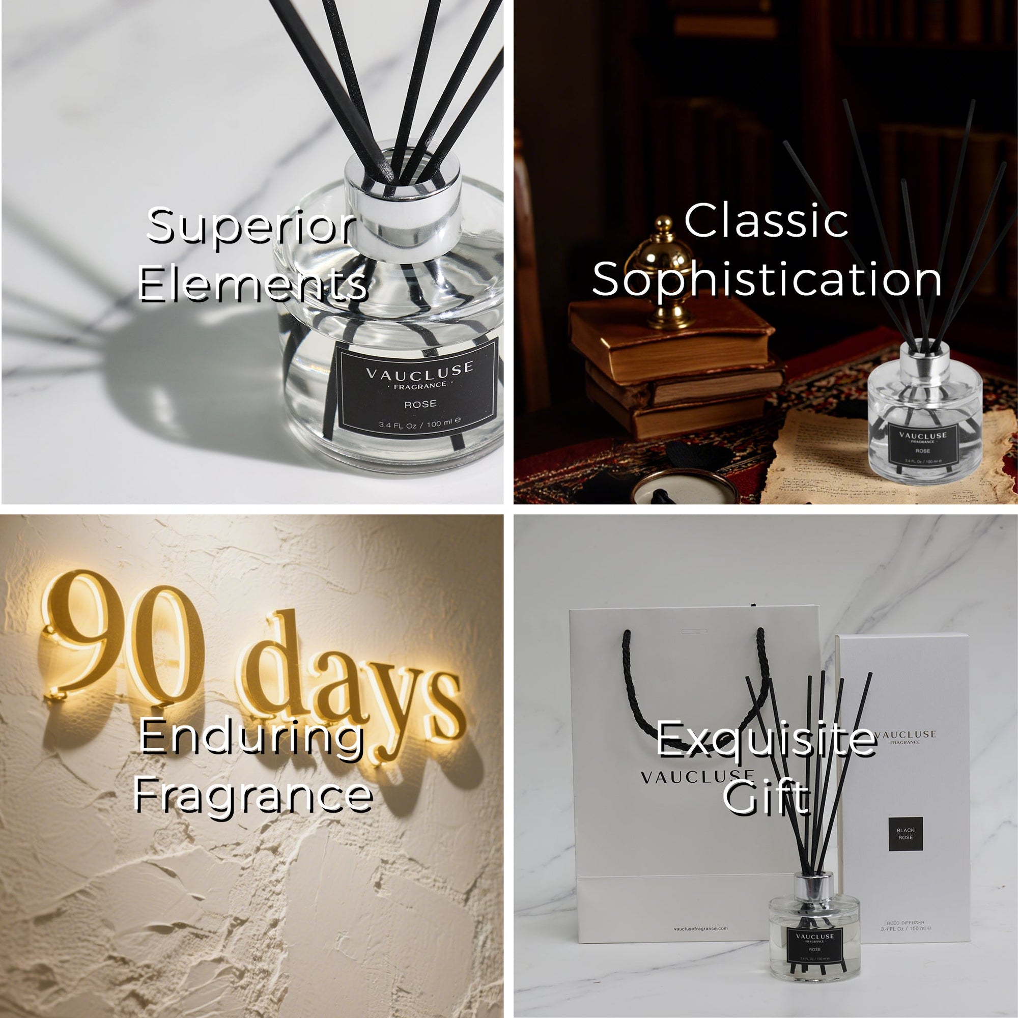 A four-panel graphic displaying product benefits including superior elements, classic sophistication, a 90 days enduring fragrance guarantee, and an exquisite gift experience.
