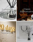A four-panel graphic displaying product benefits including superior elements, classic sophistication, a 90 days enduring fragrance guarantee, and an exquisite gift experience.