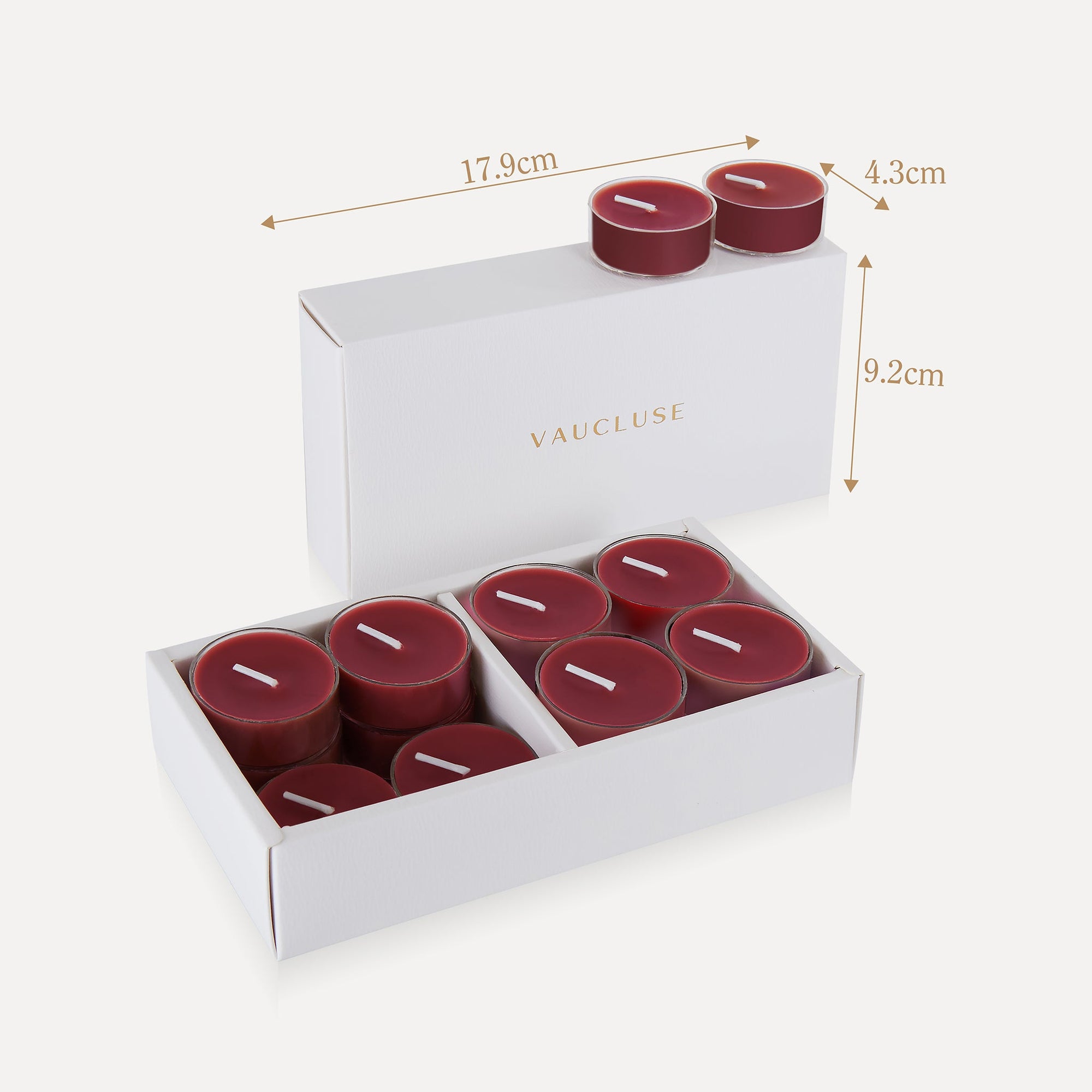 Product packaging dimension infographic for the Vaucluse blackberry tealight candles box, indicating a length of 17.8cm, width of 4.3cm, and height of 9.2cm.