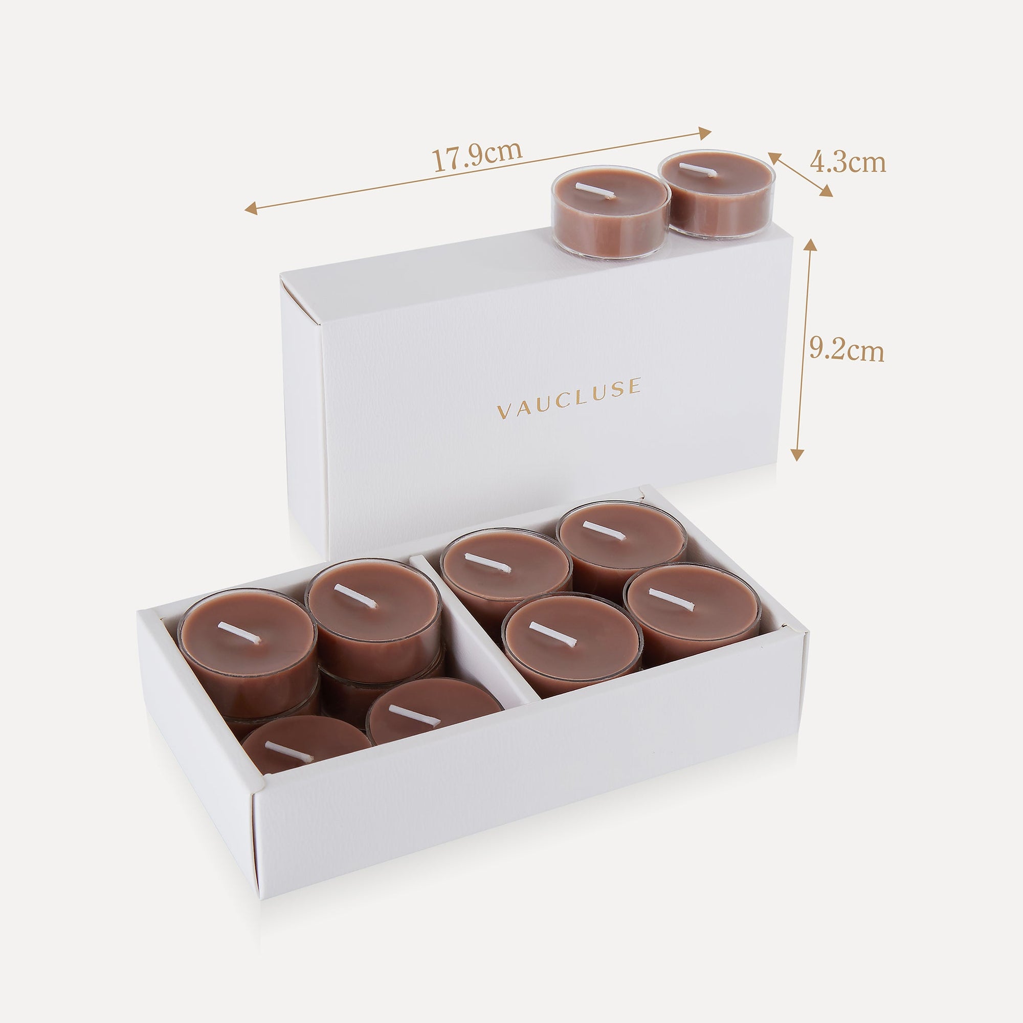 Product dimensions graphic outlining the length, width, and height measurements in centimeters for the Vaucluse Cinnamon tealight candle box packaging.