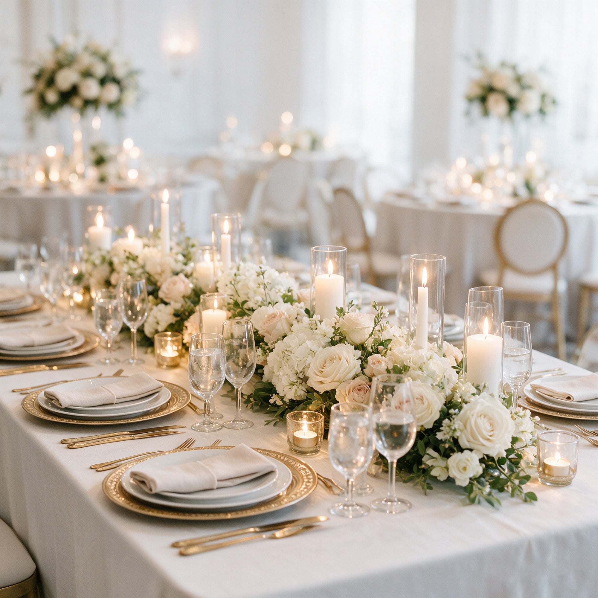 Clean-burning scented tea lights scattered along a floral dining table centerpiece in clear glass votives.
