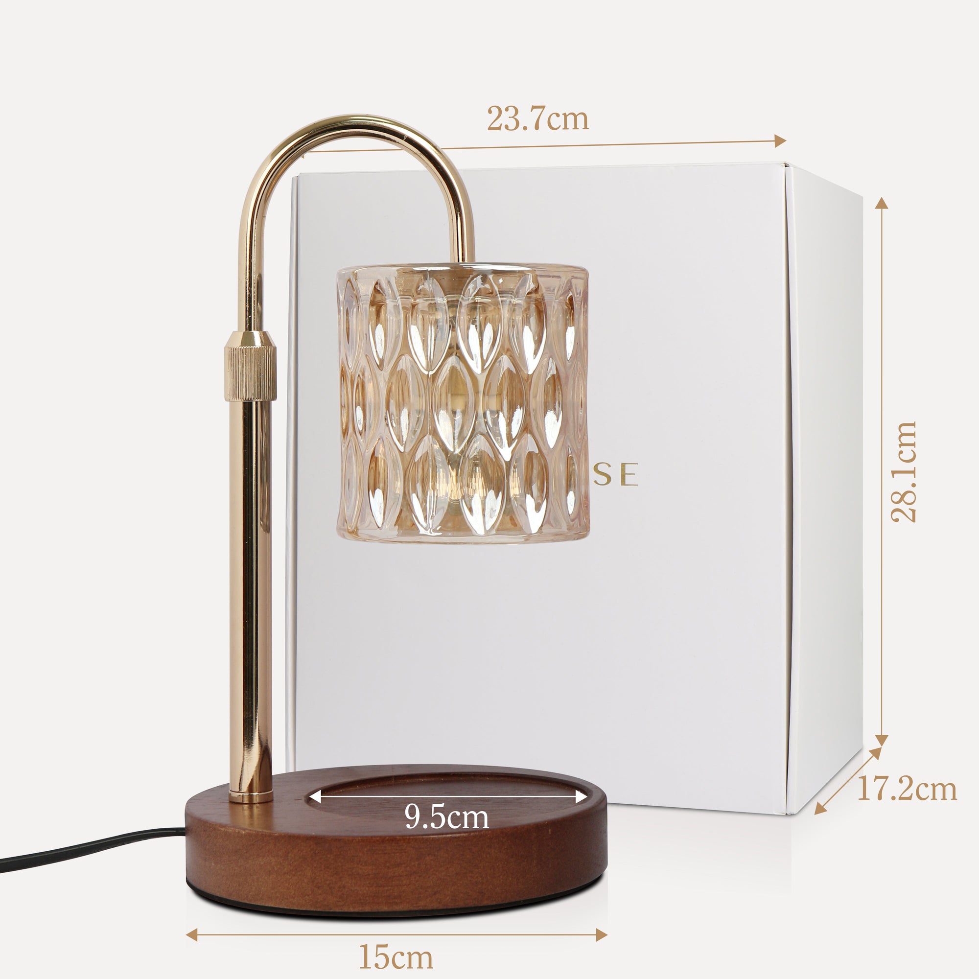 Labeled product dimensions for the Vaucluse crystal candle warmer lamp specifying height, width, and base diameter measurements against its white packaging box.