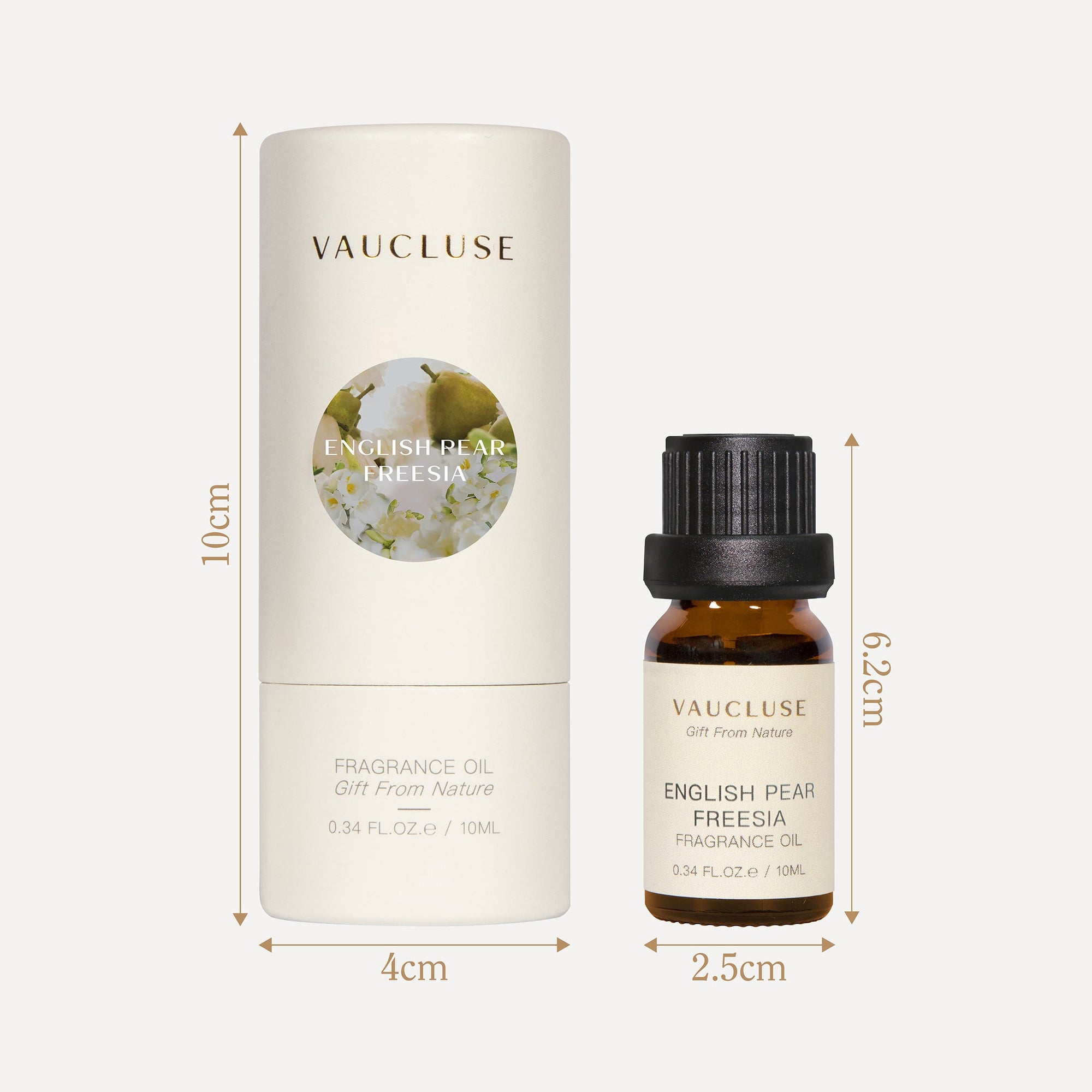 A technical packaging diagram showing the dimensions in centimeters for the 10ml essential oil bottle and its matching circular cardboard box.