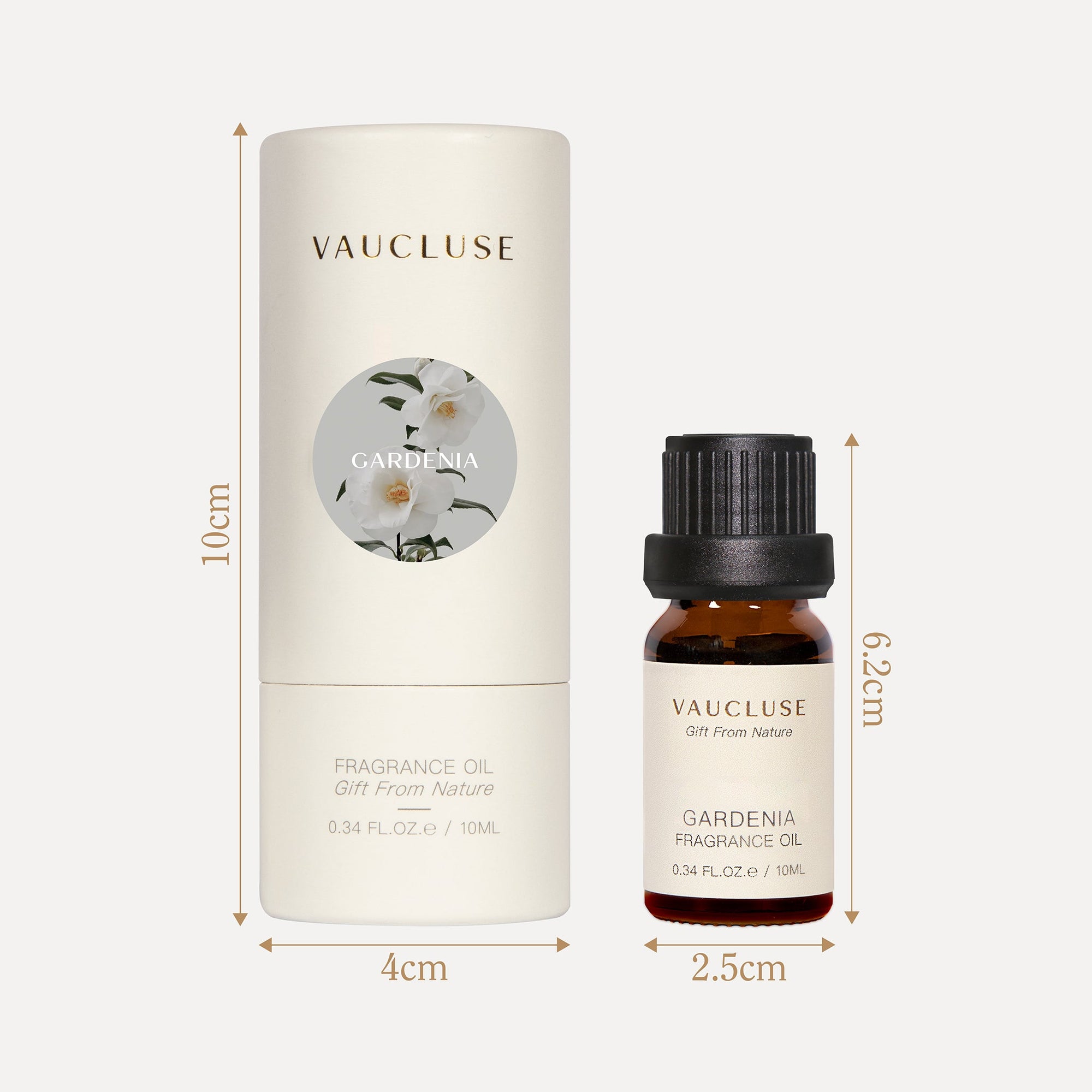 A packaging dimensions graphic indicating the width and height in centimeters for the 10ml gardenia oil bottle and cylinder box.