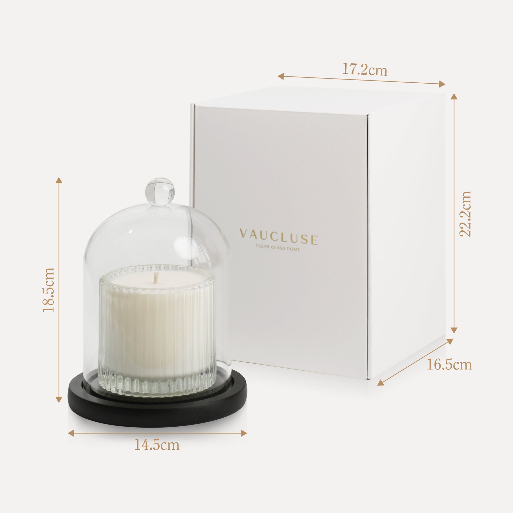 Labeled diagram showing the exact height, width, and base diameter measurements in centimeters for the glass candle cloche dome and its gift box.