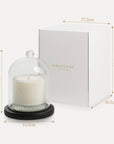 Labeled diagram showing the exact height, width, and base diameter measurements in centimeters for the glass candle cloche dome and its gift box.