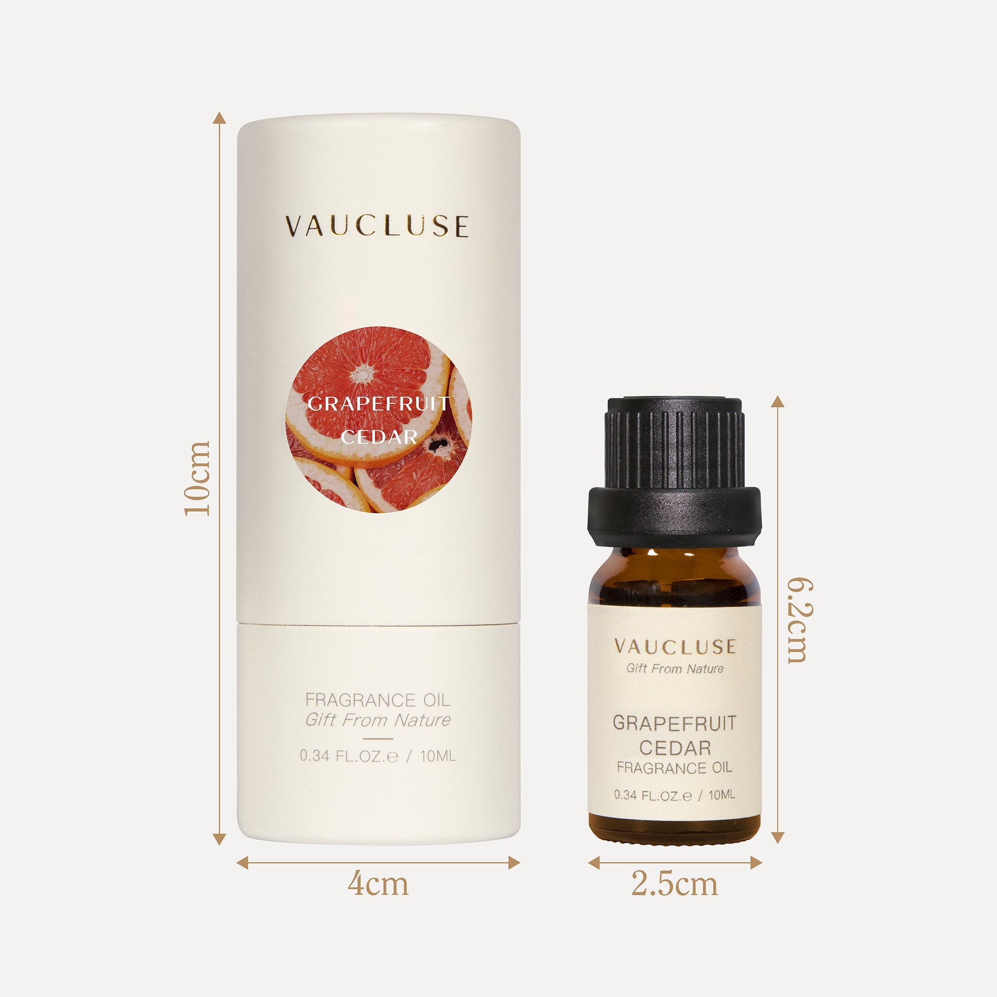 A packaging dimension diagram specifying the height and width measurements in centimeters for the 10ml Vaucluse oil bottle and round cardboard tube box.