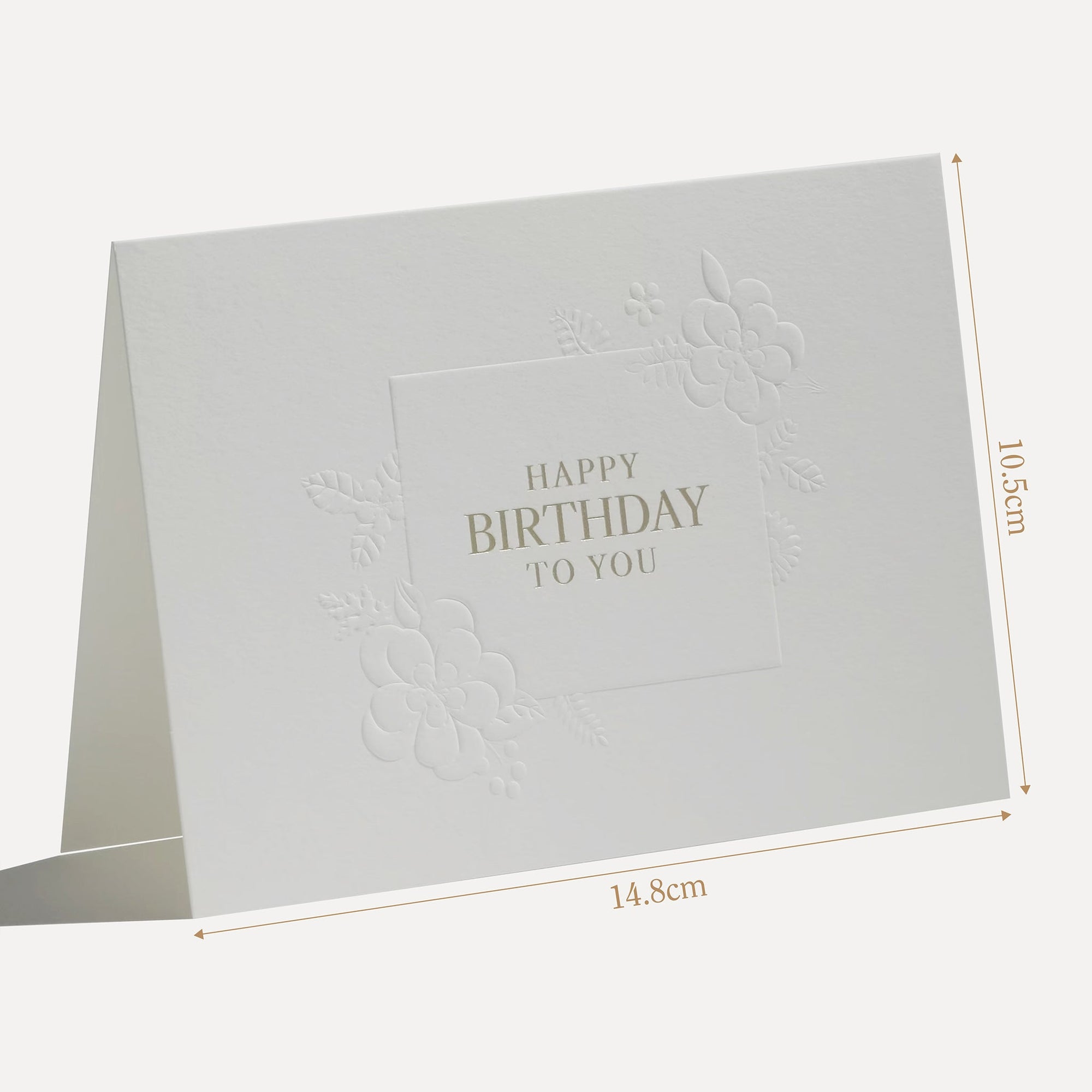 Technical size diagram showing the 14.8 cm width and precise physical dimensions for the Vaucluse luxury embossed birthday card.