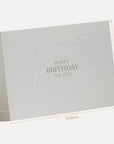 Technical size diagram showing the 14.8 cm width and precise physical dimensions for the Vaucluse luxury embossed birthday card.