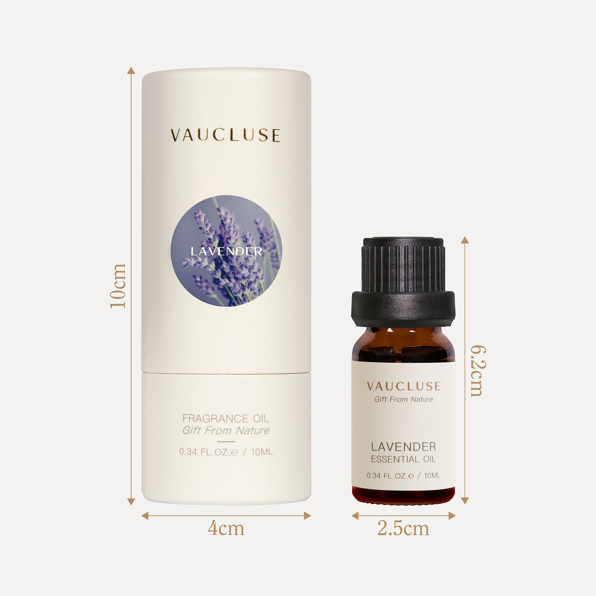 A technical dimensions blueprint detailing the height and width measurements in centimeters for the 10ml Vaucluse oil bottle and its matching circular cardboard packaging.
