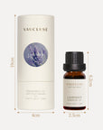 A technical dimensions blueprint detailing the height and width measurements in centimeters for the 10ml Vaucluse oil bottle and its matching circular cardboard packaging.