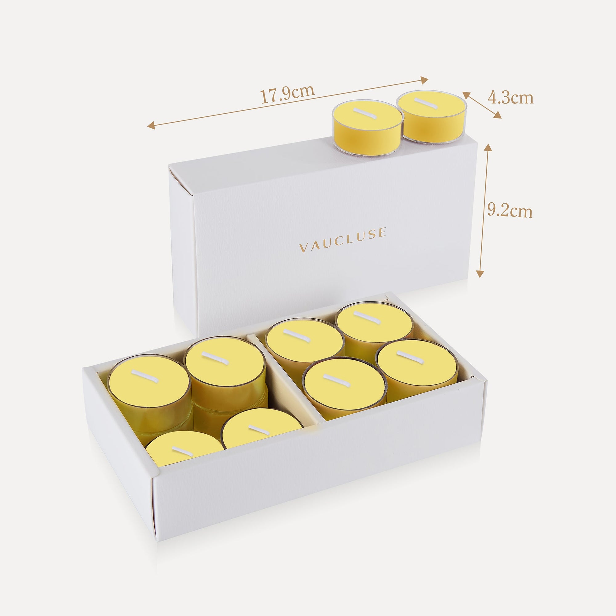 Product packaging dimension infographic for Vaucluse lemon tealight candles showing a box length of 17.8cm, width of 4.3cm, and height of 9.2cm.
