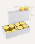 Product packaging dimension infographic for Vaucluse lemon tealight candles showing a box length of 17.8cm, width of 4.3cm, and height of 9.2cm.