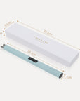 Labeled diagram displaying the precise physical dimensions in centimeters for the Vaucluse light teal electric candle lighter and its packaging box.