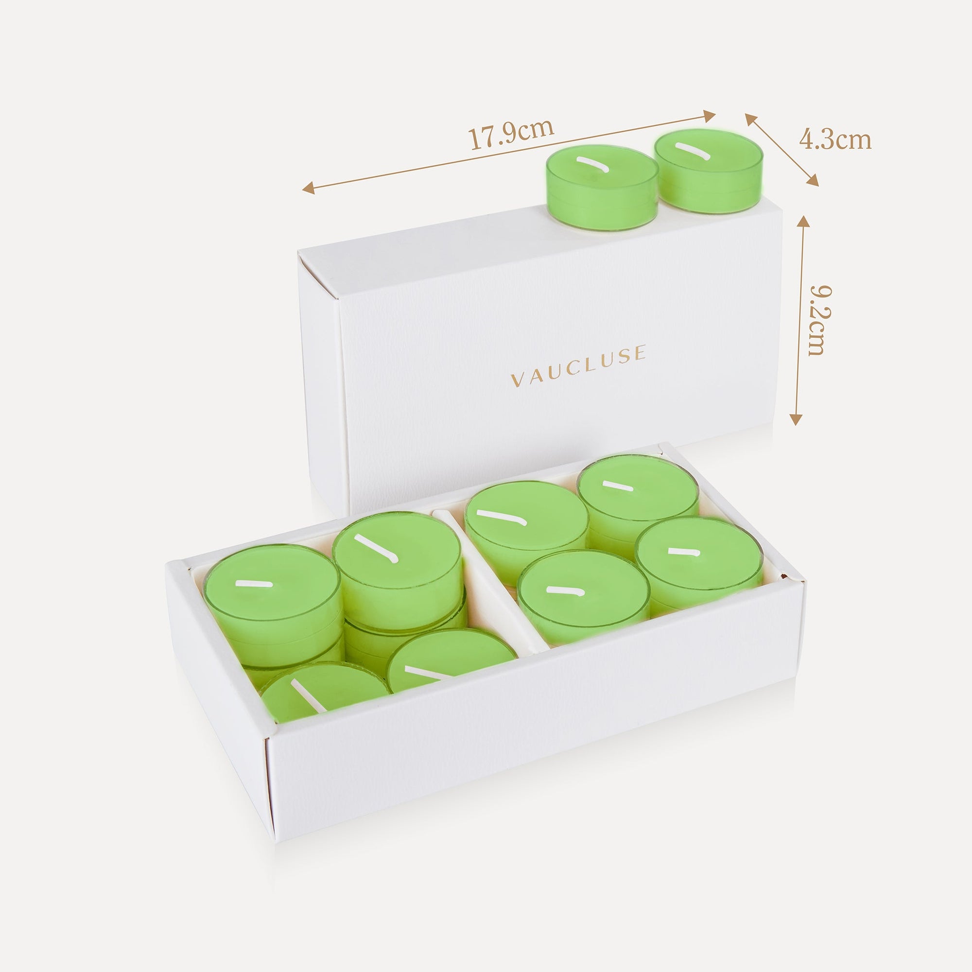 Product packaging dimension infographic for the Vaucluse lily tealight candles box, indicating a length of 17.8cm, width of 4.3cm, and height of 9.2cm.