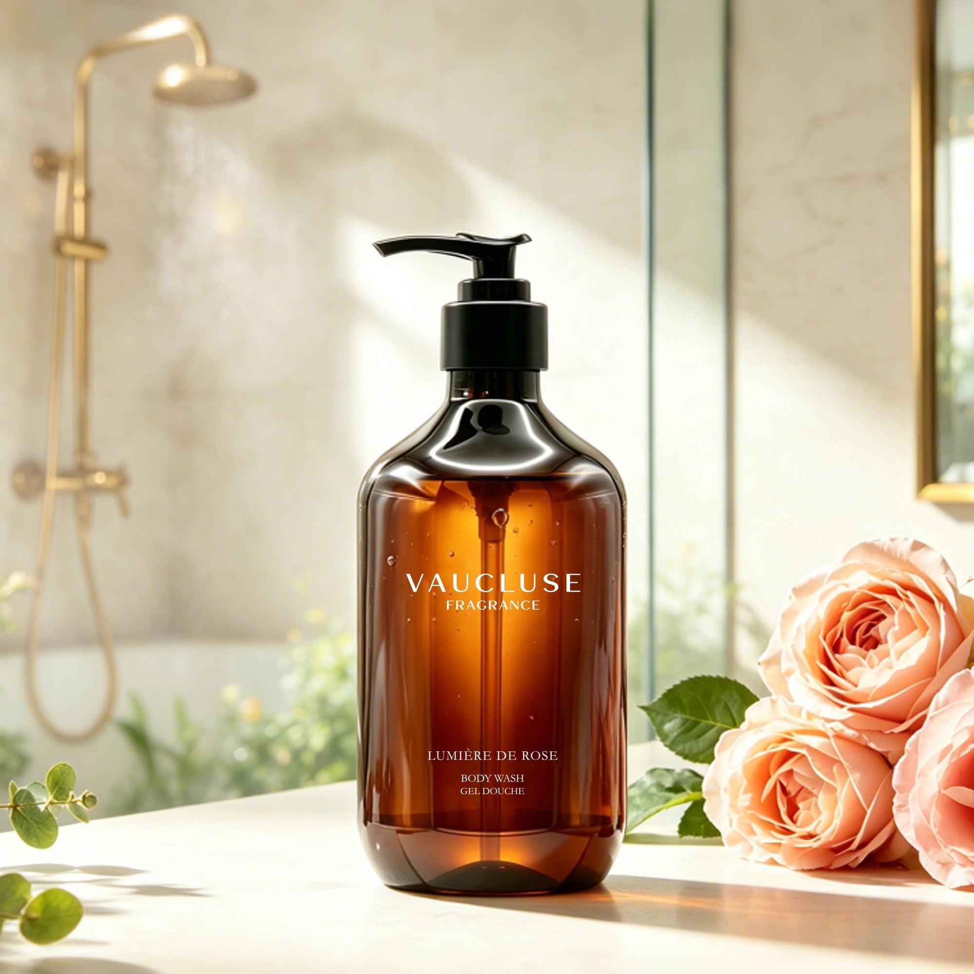 Vaucluse Lumière de Rose body wash placed on a bathroom counter next to fresh pink roses.