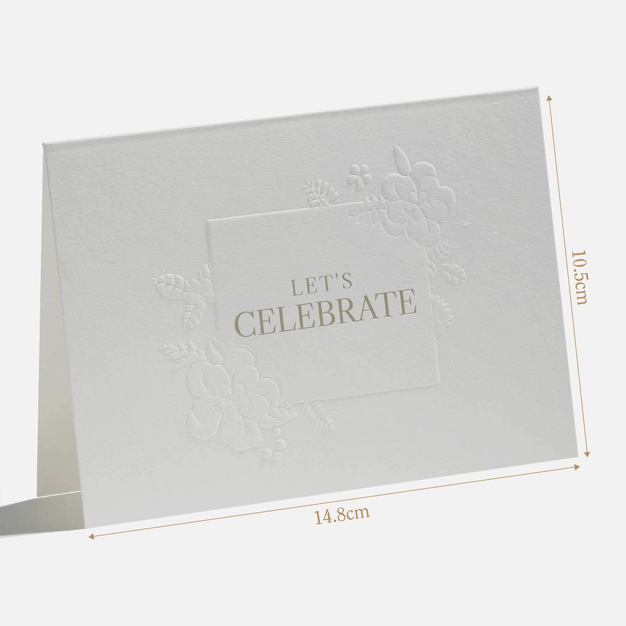 Technical size measurement diagram illustrating the 14.8 cm width and precise physical dimensions of the Vaucluse embossed Let's Celebrate greeting card.