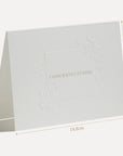 Technical size measurement diagram illustrating the 14.8 cm width and physical dimensions of the Vaucluse embossed congratulations greeting card.