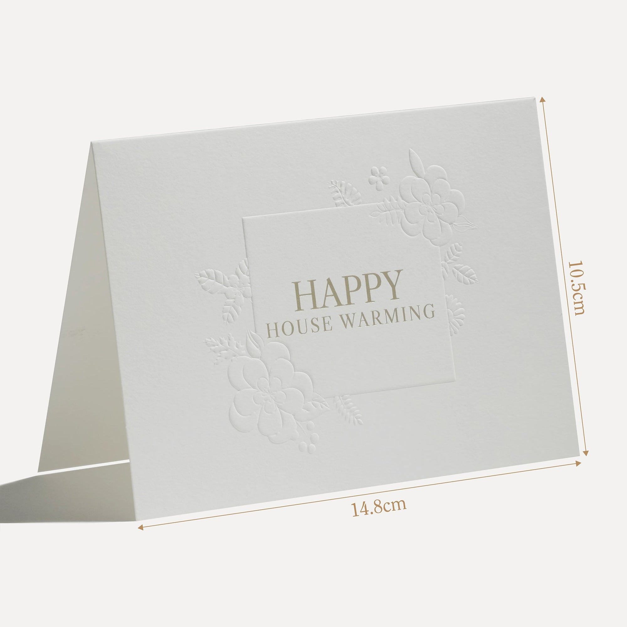Technical size measurement diagram illustrating the 14.8 cm width and precise physical dimensions of the Vaucluse embossed housewarming card.