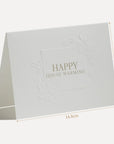 Technical size measurement diagram illustrating the 14.8 cm width and precise physical dimensions of the Vaucluse embossed housewarming card.