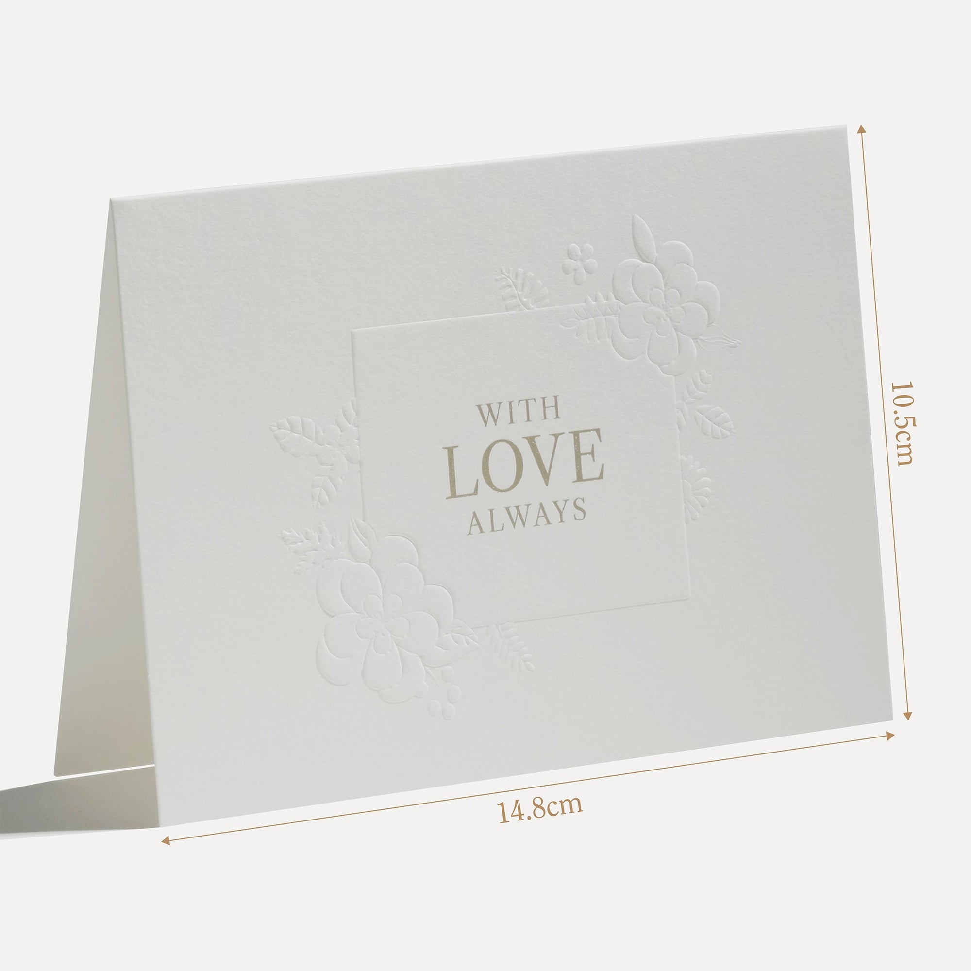 Technical size measurement diagram illustrating the 14.8 cm width and physical dimensions of the Vaucluse embossed love greeting card.