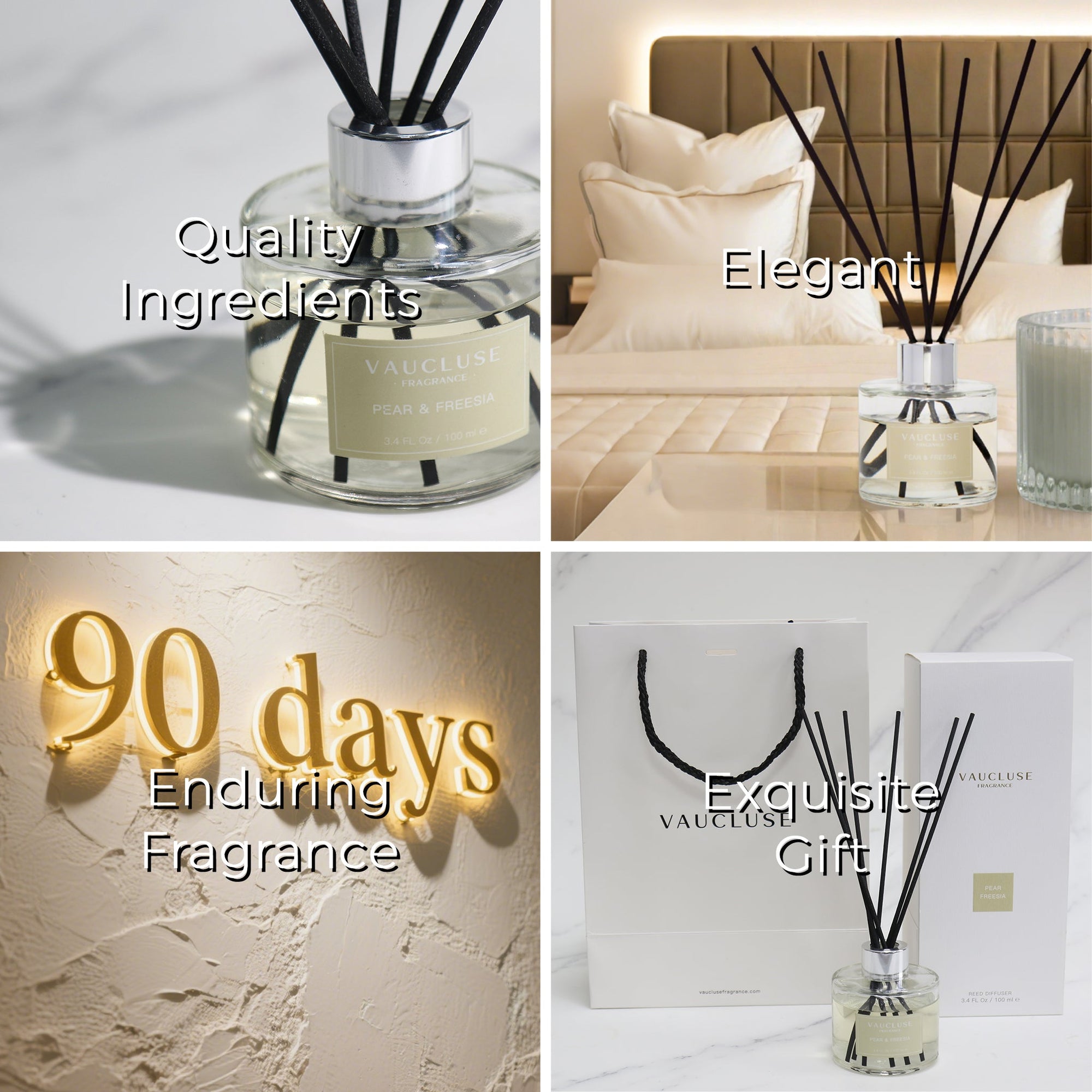 A four-panel graphic highlighting the luxury diffuser features: quality ingredients, elegant bedroom placement, 90 days of enduring fragrance, and exquisite gifting presentation.