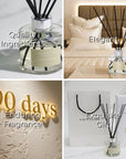 A four-panel graphic highlighting the luxury diffuser features: quality ingredients, elegant bedroom placement, 90 days of enduring fragrance, and exquisite gifting presentation.