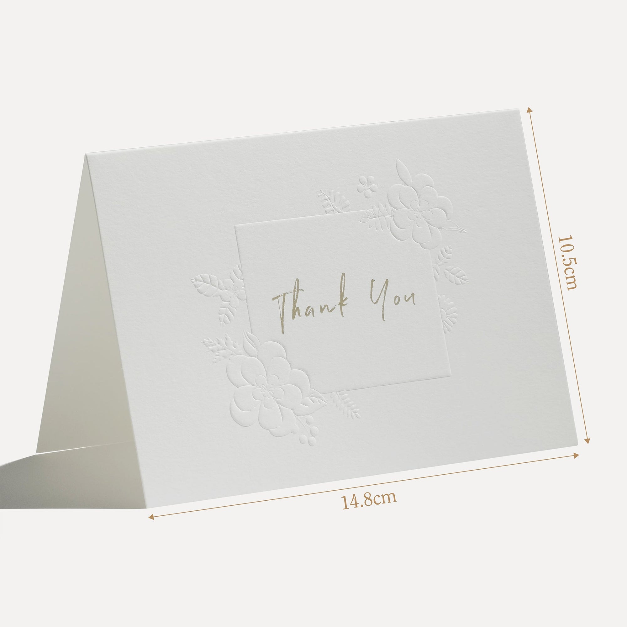 Technical size measurement diagram illustrating the 14.8 cm width and precise physical dimensions of the Vaucluse embossed thank you card.