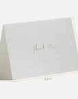 Technical size measurement diagram illustrating the 14.8 cm width and precise physical dimensions of the Vaucluse embossed thank you card.