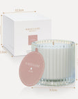 Product dimension graphic showing the exact height and width measurements in centimeters for the Vaucluse Lychee scented candle and its gift box.