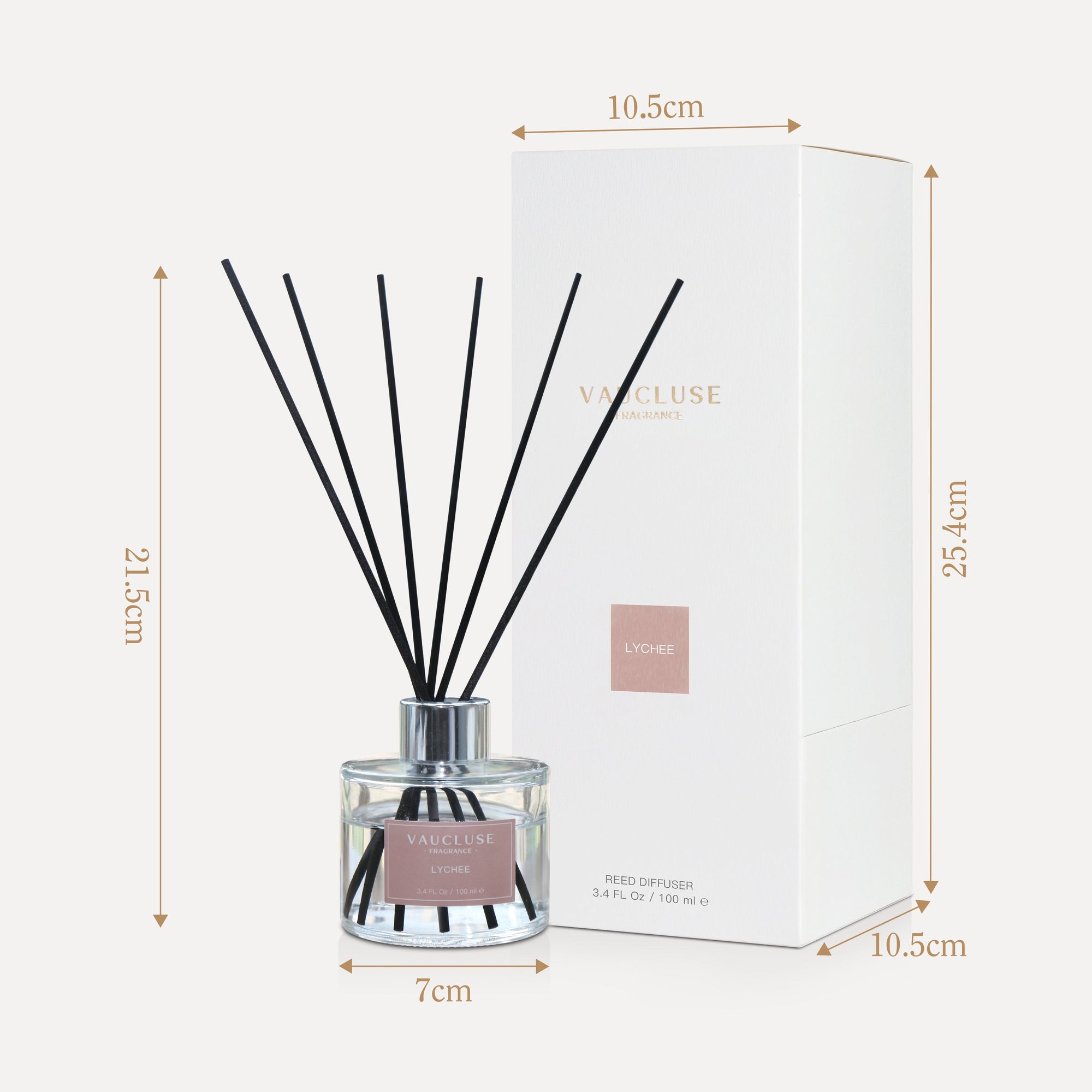 An infographic showing product measurements for the Vaucluse diffuser, indicating a 21.5cm total reed height, a 7cm bottle width, and box dimensions of 25.4cm by 10.5cm.