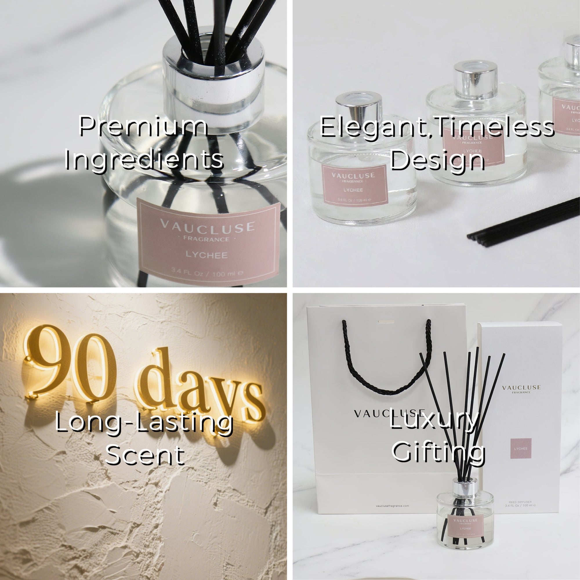 A four-panel graphic highlighting product features: premium ingredients, an elegant timeless design, a 90 days long-lasting scent experience, and luxury gifting appeal.