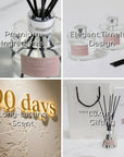 A four-panel graphic highlighting product features: premium ingredients, an elegant timeless design, a 90 days long-lasting scent experience, and luxury gifting appeal.