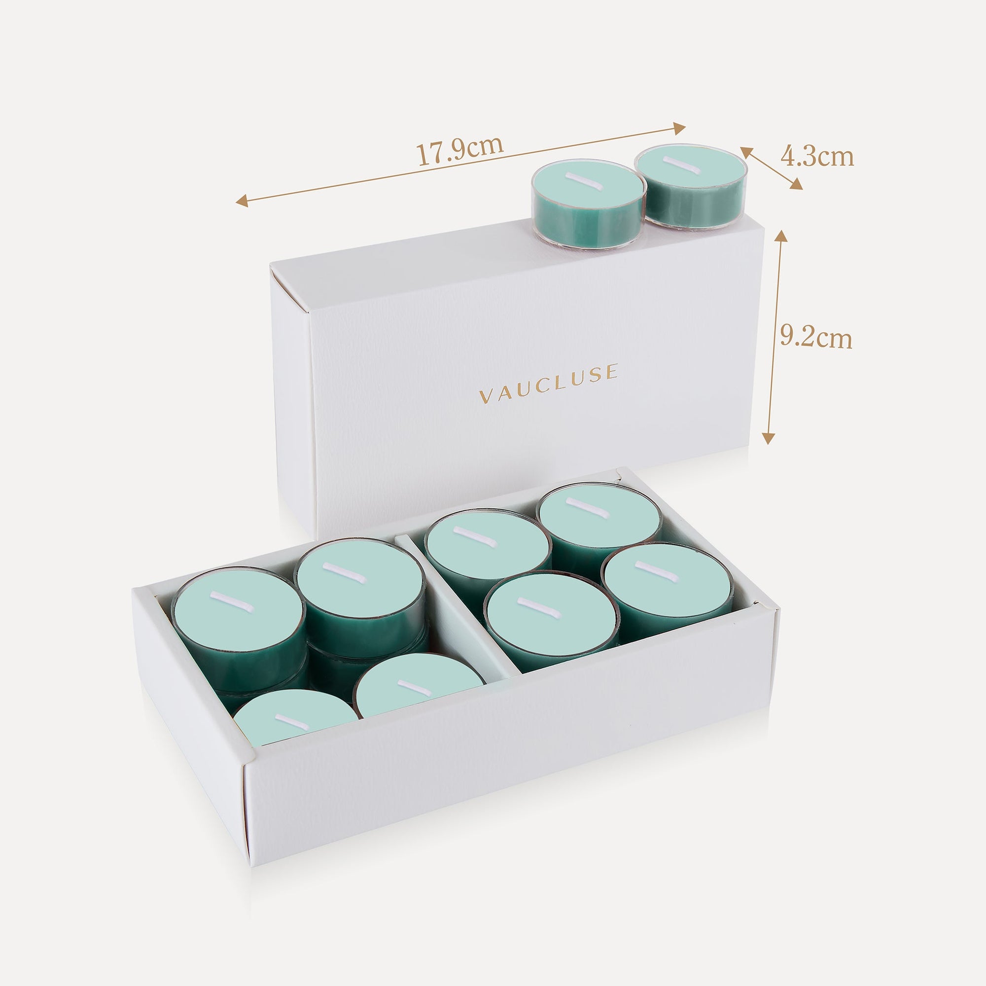 Packaging dimension infographic for the Vaucluse 16-pack ocean tealight candles sliding box, showing a length of 17.8cm, width of 4.3cm, and height of 9.2cm.