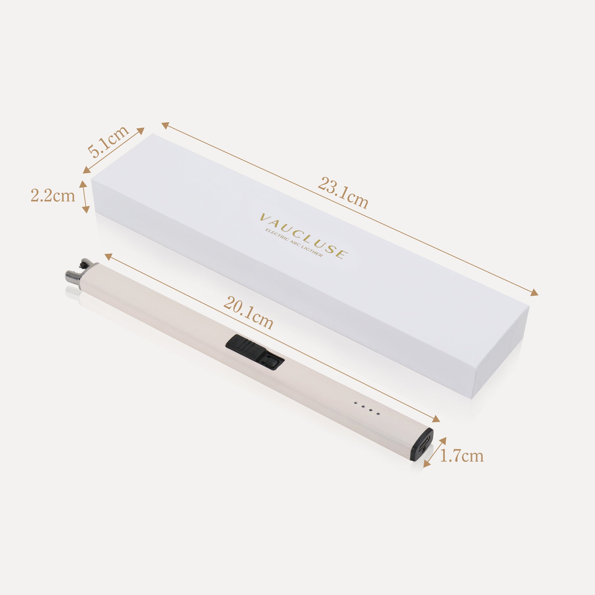 Labeled product illustration showing the exact length, width, and packaging box dimensions in centimeters for the Vaucluse pale peach electric candle lighter.