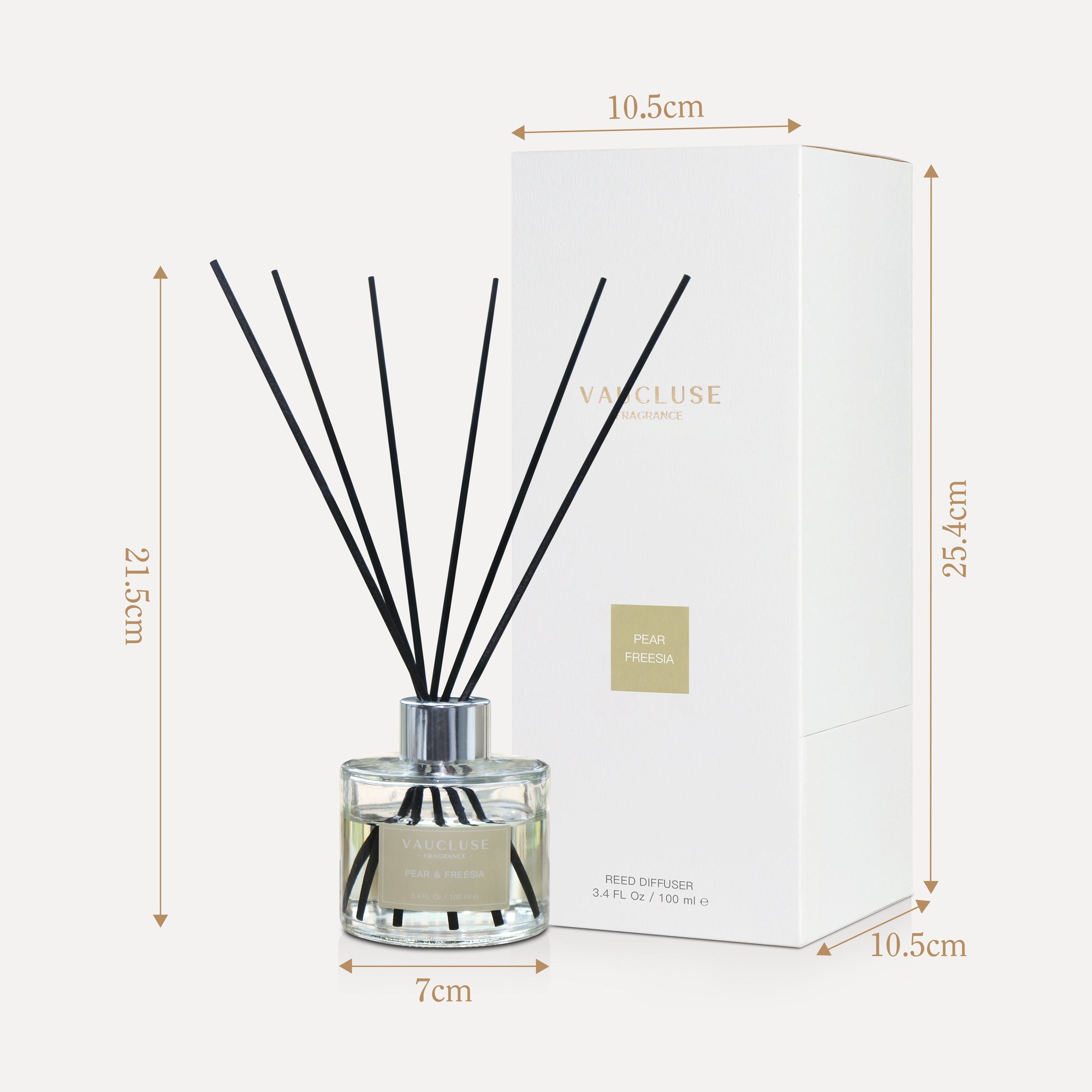 An infographic showing product measurements for the Vaucluse diffuser, indicating a total reed height of 21.5cm, a bottle width of 7cm, and box dimensions of 25.4cm by 10.5cm.