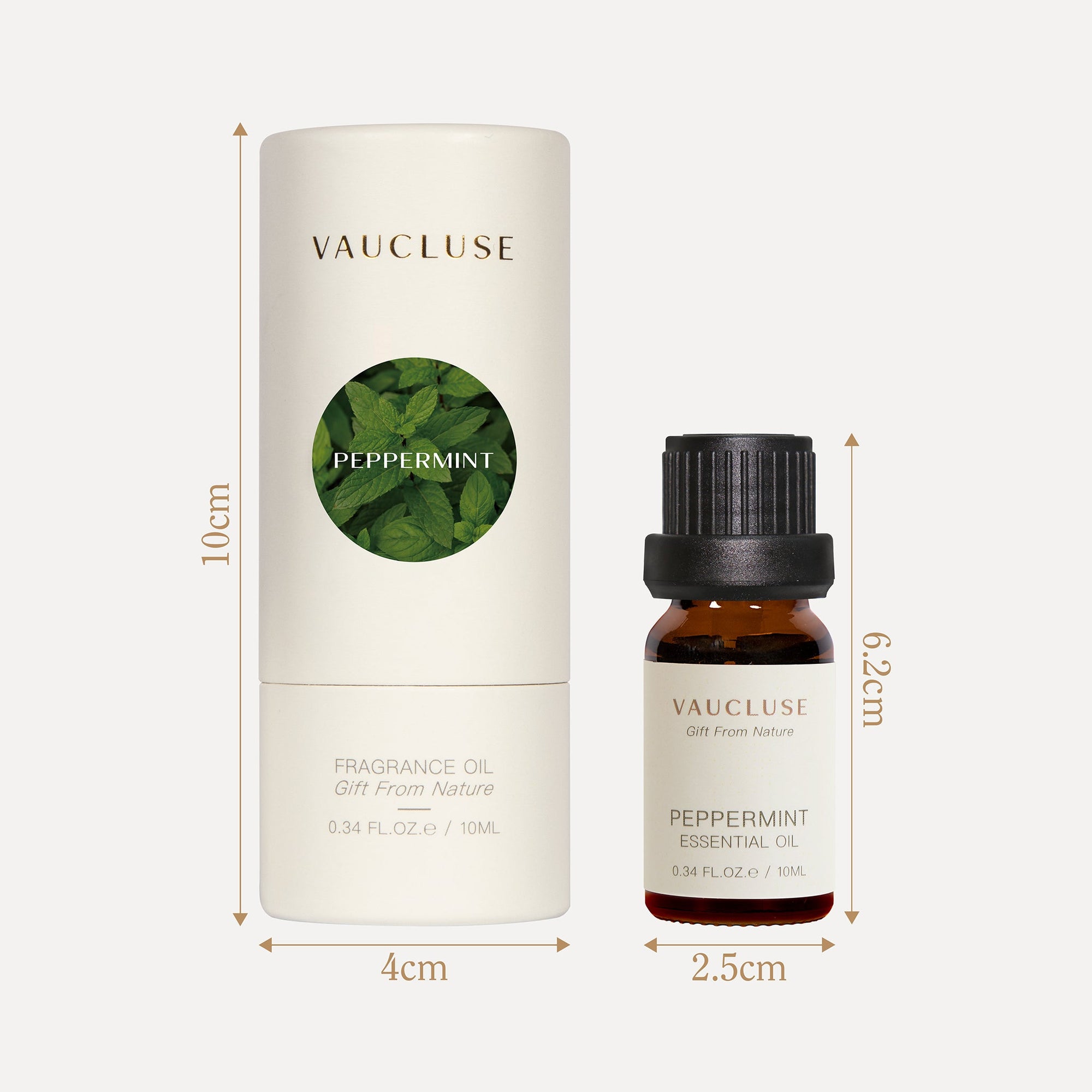 A clear technical sizing diagram displaying the height and width measurements in centimeters for both the 10ml Vaucluse essential oil bottle and its matching outer gift box.