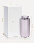 An infographic diagram showing the purple dusk diffuser dimensions of 13.3cm by 7.1cm alongside its luxury white Vaucluse presentation box measuring 20.8cm by 10.5cm.