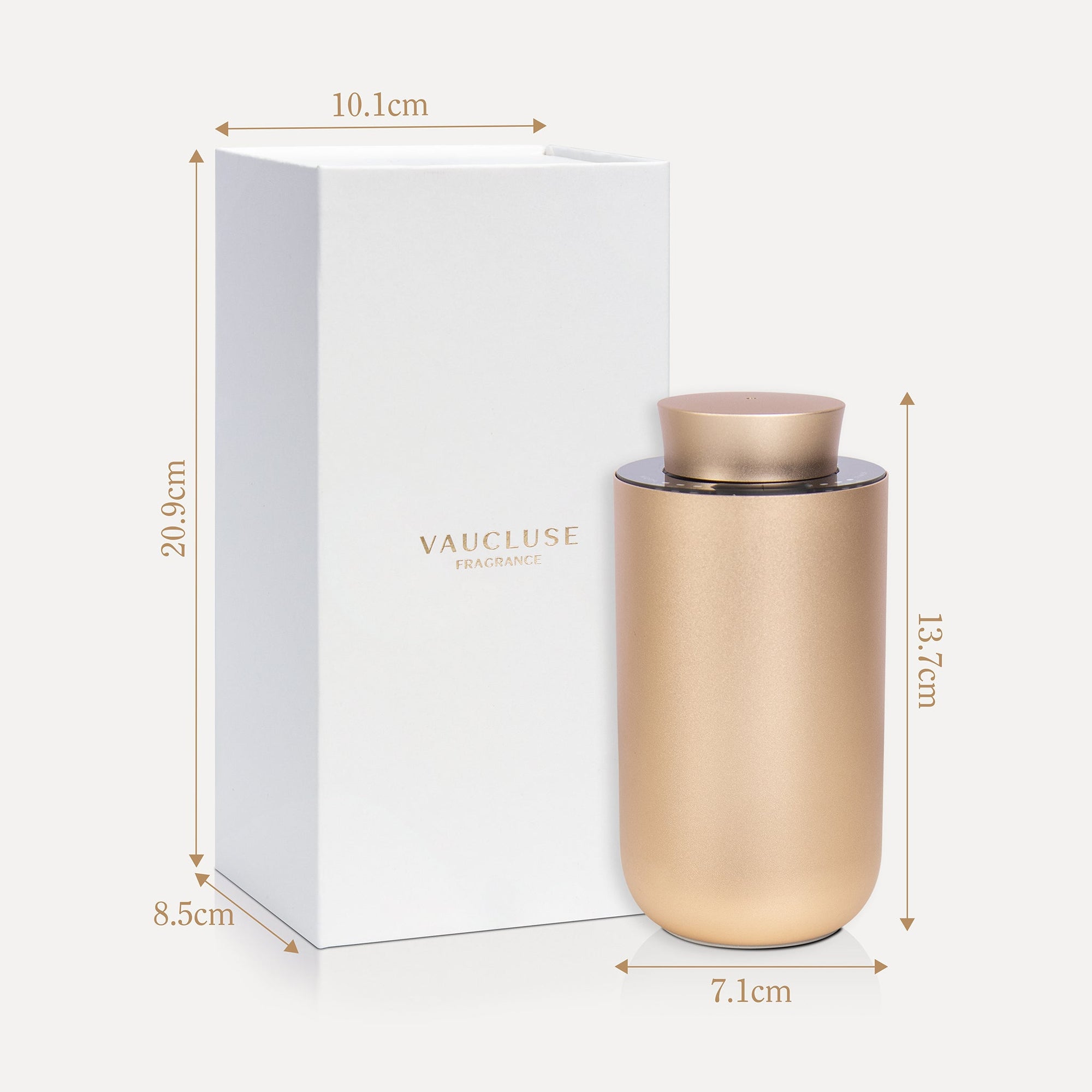 An infographic blueprint showing the device height of 13.3cm and width of 7.1cm alongside its elegant white gift box measuring 20.8cm by 10.5cm by 8.5cm.