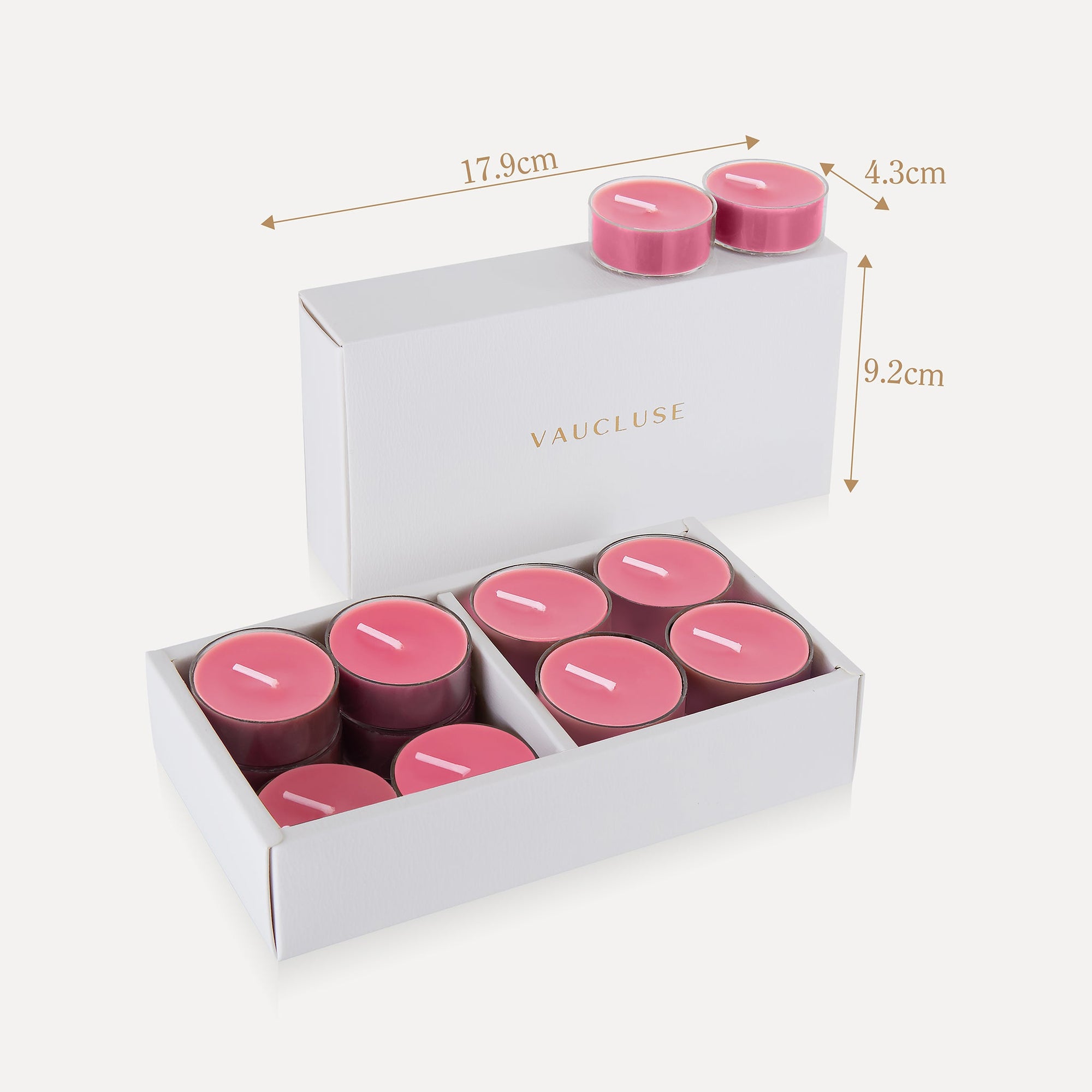 Product packaging dimension infographic for Vaucluse rose tealight candles showing a box length of 17.8cm, width of 4.3cm, and height of 9.2cm.