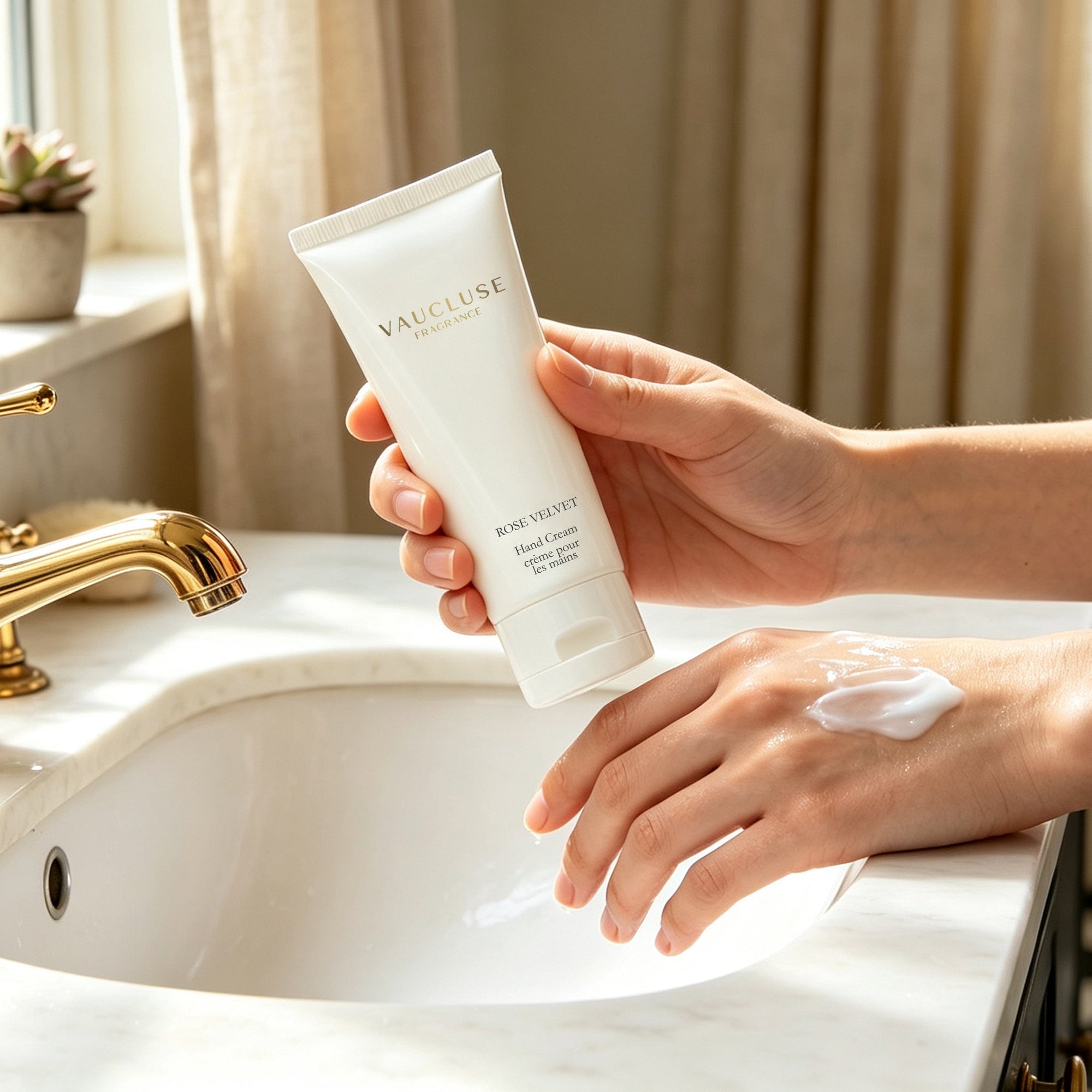 Woman holding Vaucluse Rose Velvet hand cream tube after applying moisturizing cream on her skin by a marble bathroom sink.