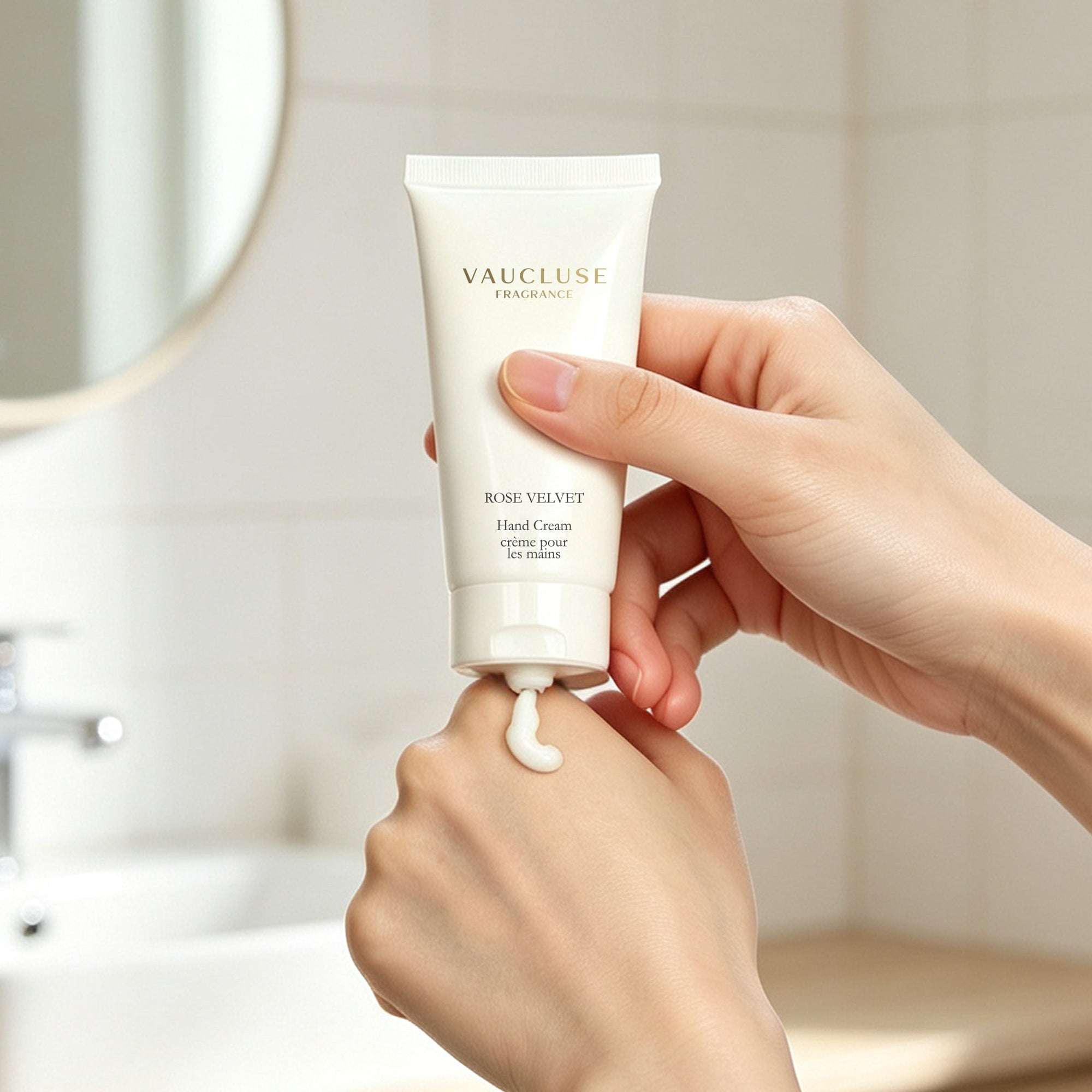 Woman squeezing a dollop of Vaucluse Rose Velvet hand cream onto the back of her hand in a brightly lit bathroom.