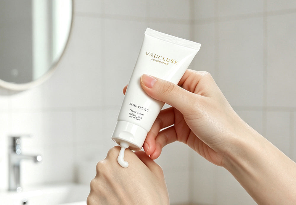 Applying Vaucluse premium nourishing hand cream for instant hydration.