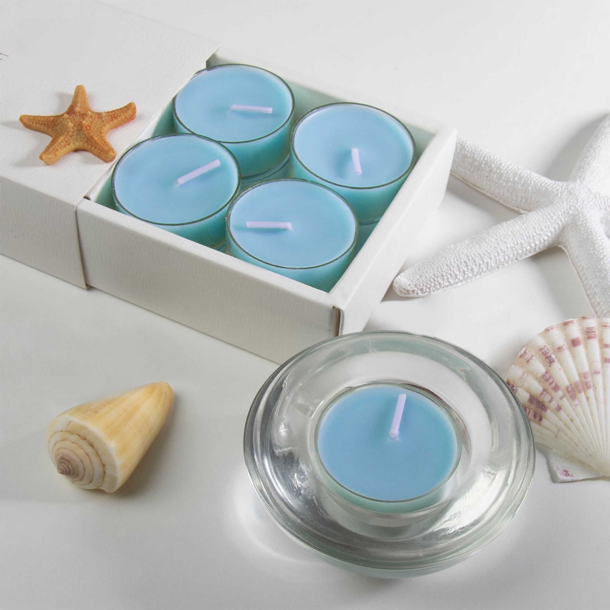 A light blue sea breeze scented tealight candle in a clear glass holder in the foreground, styled with coastal seashells and a starfish next to the tray packaging.