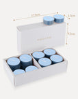 Product packaging dimension infographic for the Vaucluse sea breeze tealight candles box, indicating a length of 17.8cm, width of 4.3cm, and height of 9.2cm.