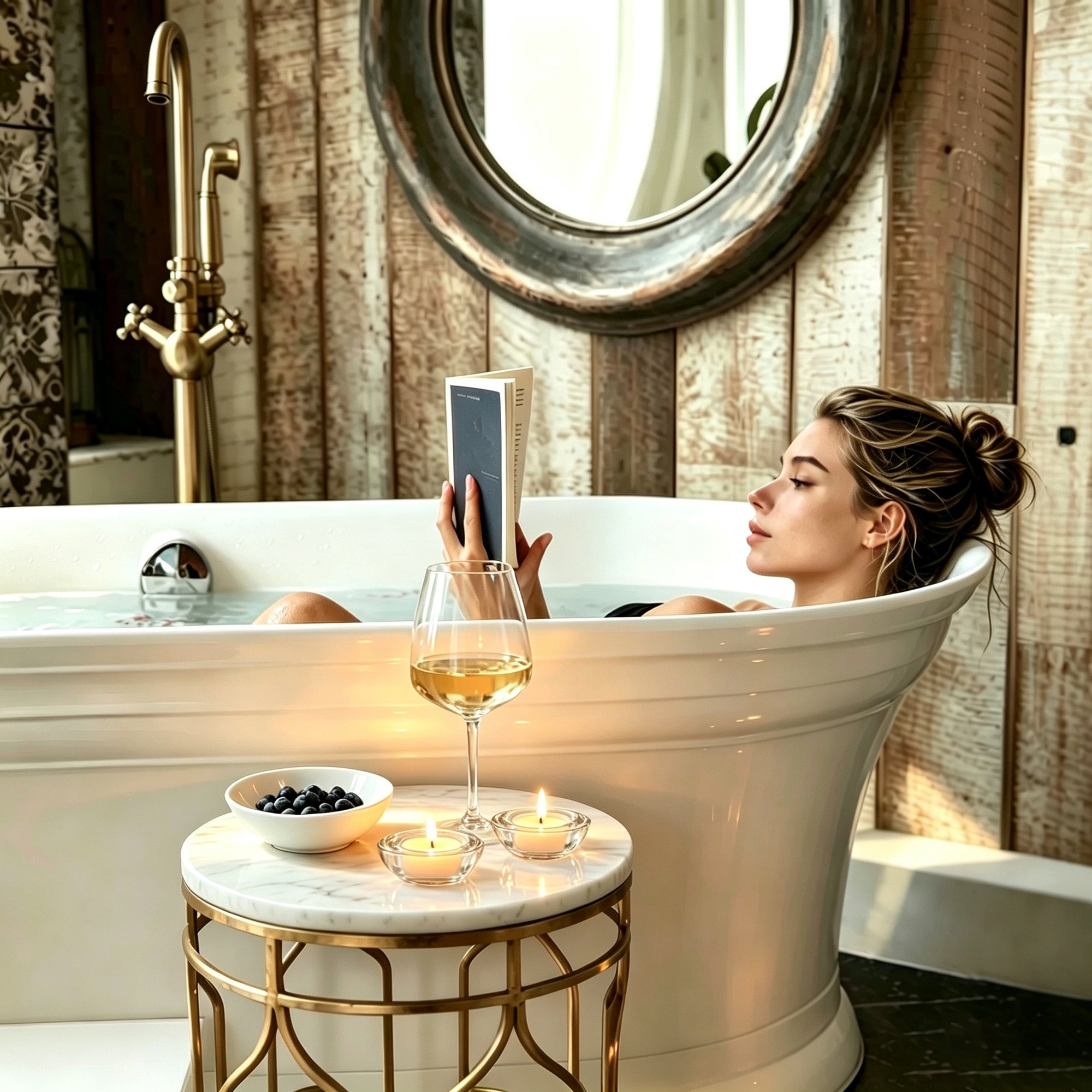 Soy wax tealights in glass votives on a side table next to a woman relaxing in a bathtub.