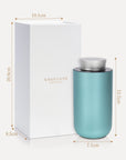 A product specifications diagram showing the dimensions of the white Vaucluse luxury box packaging and the teal silver diffuser in centimeters.