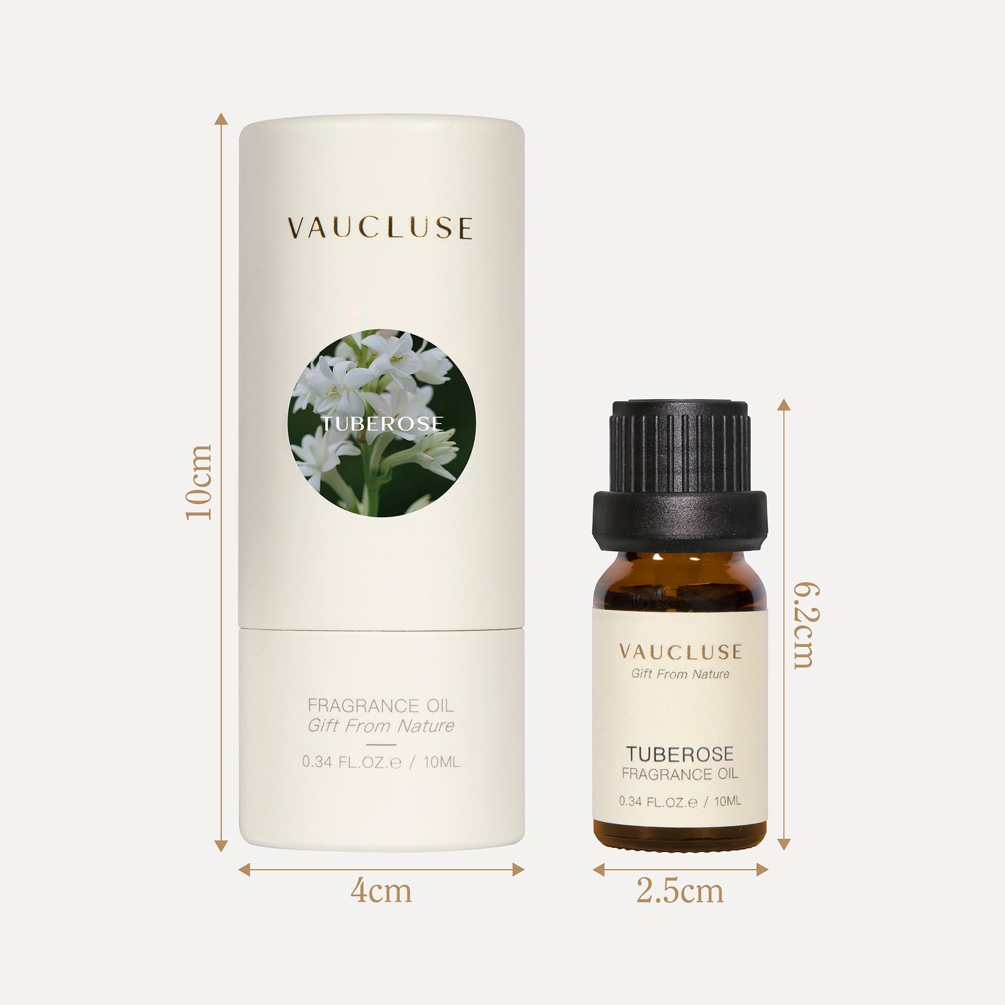 An engineering dimensions diagram specifying the exact measurements in centimeters for the 10ml tuberose oil bottle and its matching circular box.