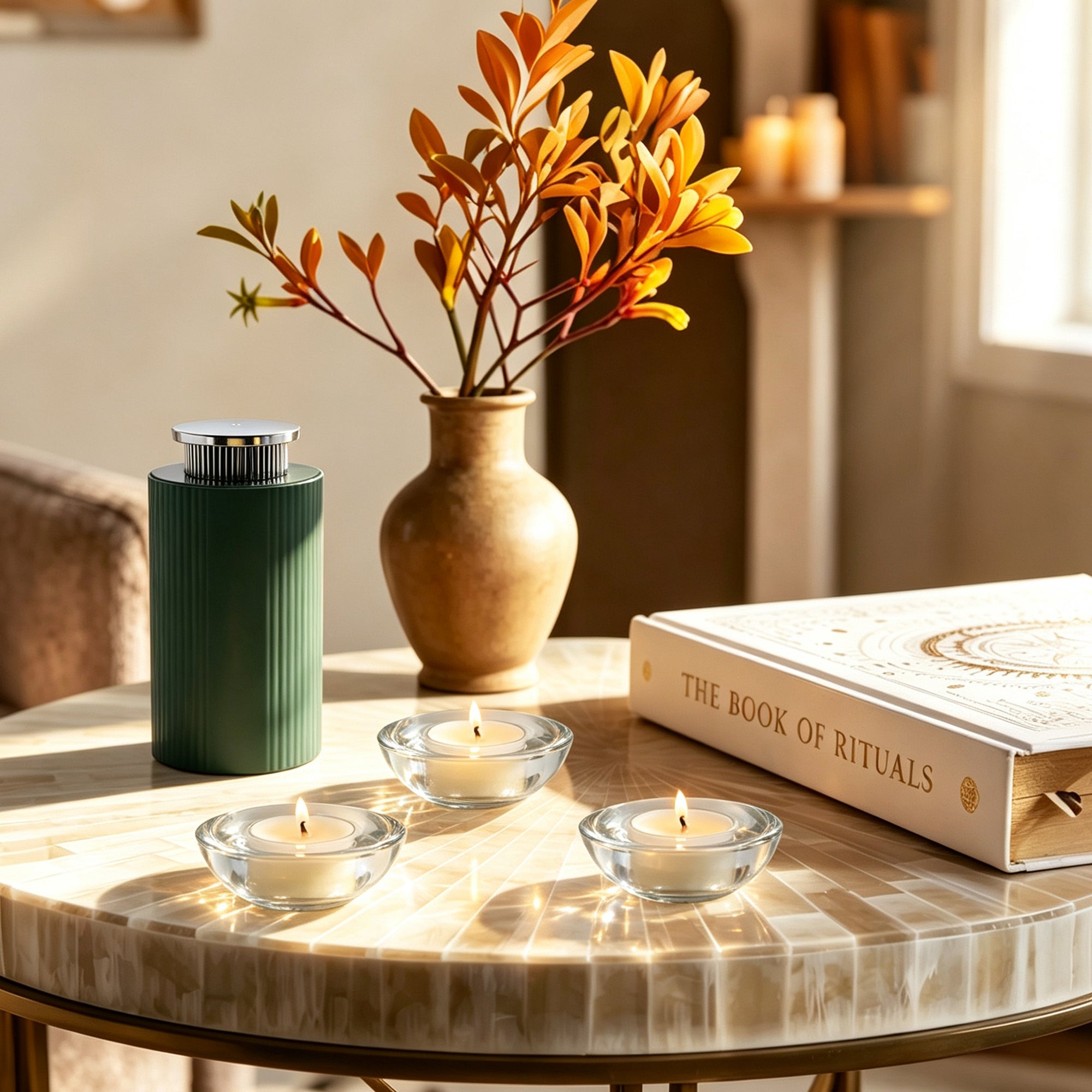 Uncolored clean-burning scented tea lights in glass holders beside a green electric oil diffuser on a side table.